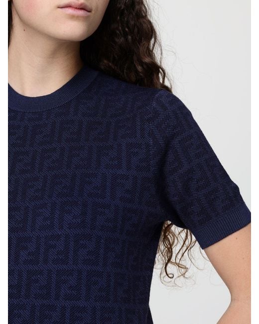 Fendi Blue Wool And Silk Crew-Neck Pullover With Monogram Motif