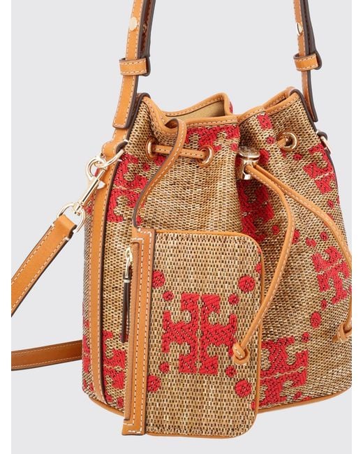 Tory Burch Red T Monogram Mini Raffia Bucket Bag With Jacquard Logo