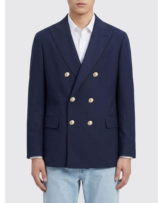 Brunello Cucinelli Blue Double-Breasted Silk And Linen Blazer for men