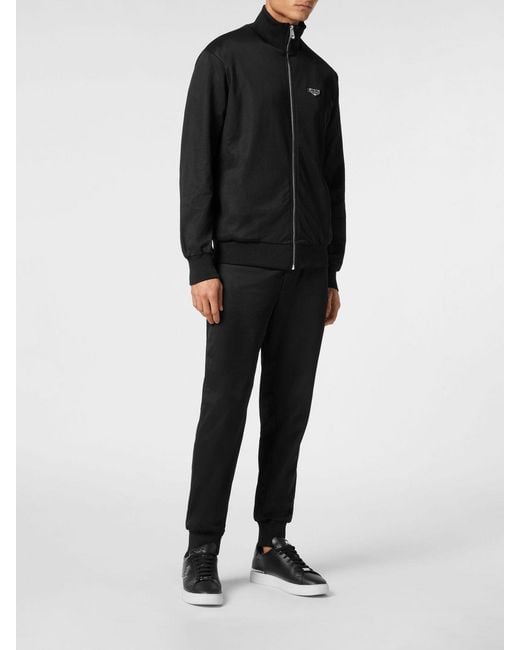 Philipp Plein Black Cotton-Blend High Neck Zip Sweatshirt With Applied Logo for men