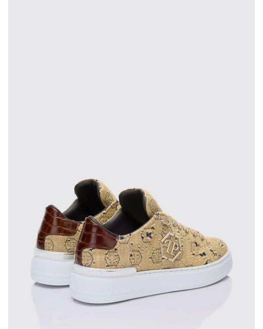 Philipp Plein Brown Bleached Denim Sneakers With Hexagon Jacquard for men