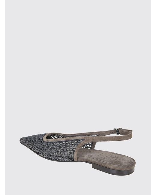Brunello Cucinelli Gray Mesh Net And Suede Slingback Ballerinas With Monili
