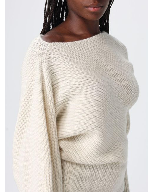 Alberta Ferretti White Draped Wool And Silk Jumper With Asymmetric Neckline