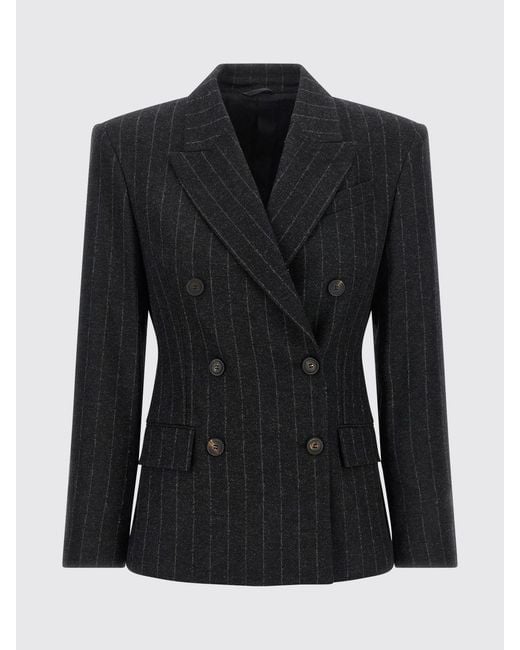 Brunello Cucinelli Blue Pinstripe Short Double-Breasted Wool Blazer With Peak Lapels