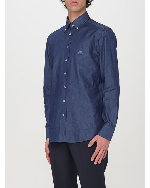 Etro Blue Cotton Shirt With Logo for men