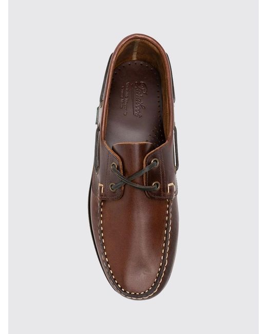 Paraboot Brown Smooth Calfskin Leather Boat Shoes With Rubber Soles for men