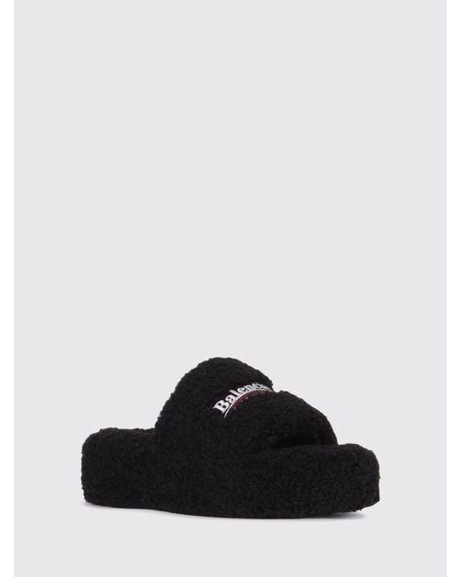 Balenciaga Black Shearling Wedge Slide Sandals With Embroidered Logo
