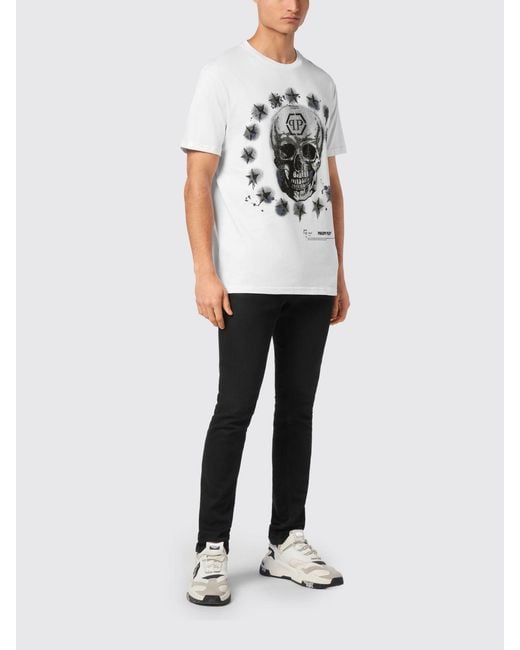 Philipp Plein White Slim Fit Cotton T-Shirt With Skull And Monogram Print for men