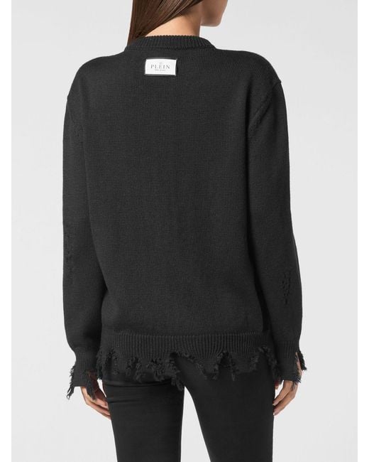 Philipp Plein Black Fairy Relaxed Fit Distressed Wool-Blend Crewneck Jumper