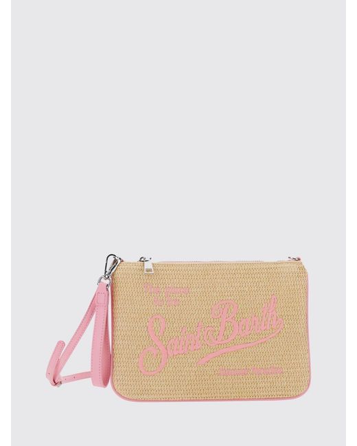 Mc2 Saint Barth Pink Parisienne Raffia Pouch With Embroidered Logo