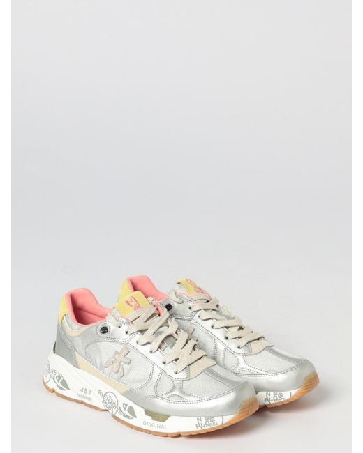 Premiata White Mased Laminated Leather And Nylon Sneakers