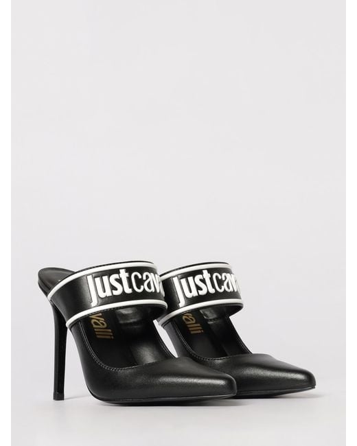 Just Cavalli Black Leather Mules With Logo