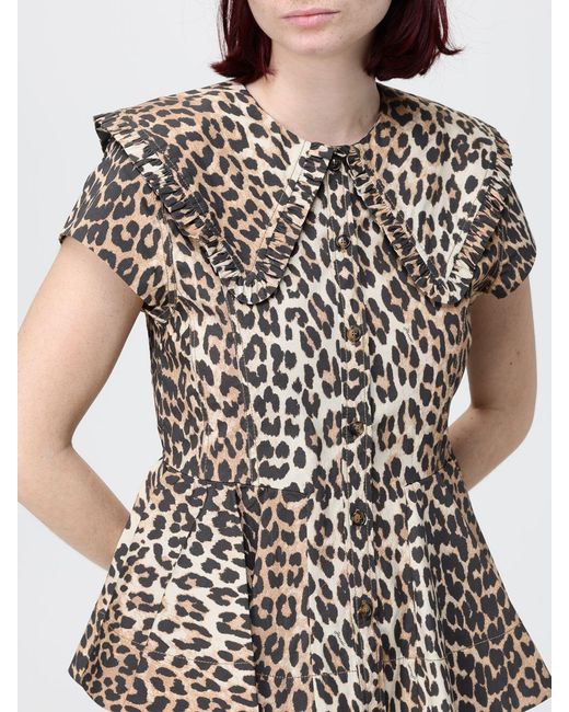 Ganni Brown Organic Cotton Shirt With Animal Print