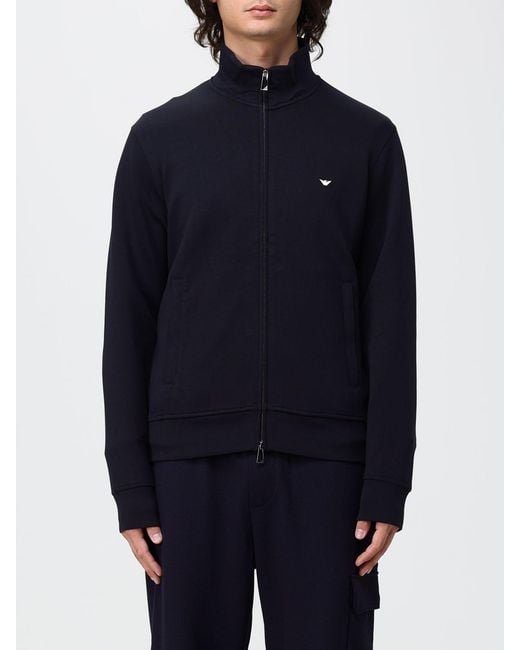 Emporio Armani Blue High Neck Cotton Blend Zip-Up Sweatshirt With Eagle Logo for men