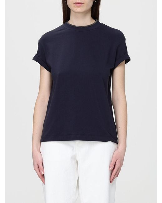 Brunello Cucinelli Blue Basic Cotton T-Shirt With Monile