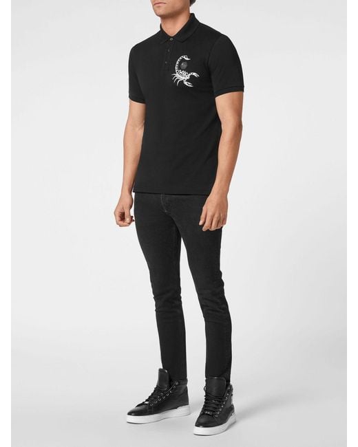 Philipp Plein Black Short-Sleeved Cotton Polo Shirt With Contrasting Logo for men