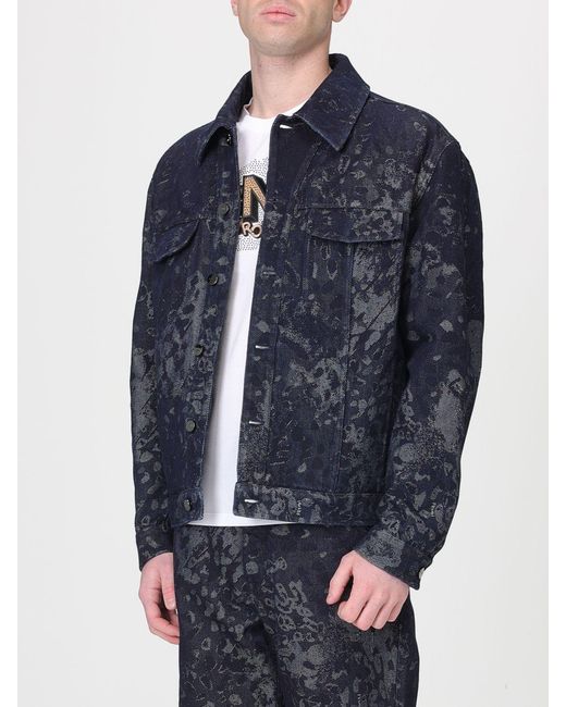 Fendi Blue Cotton Denim Jacket With Camouflage Print for men