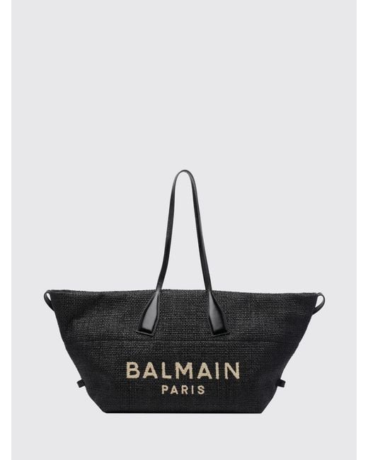Balmain Black Track Raffia And Leather Bag With Embroidered Logo
