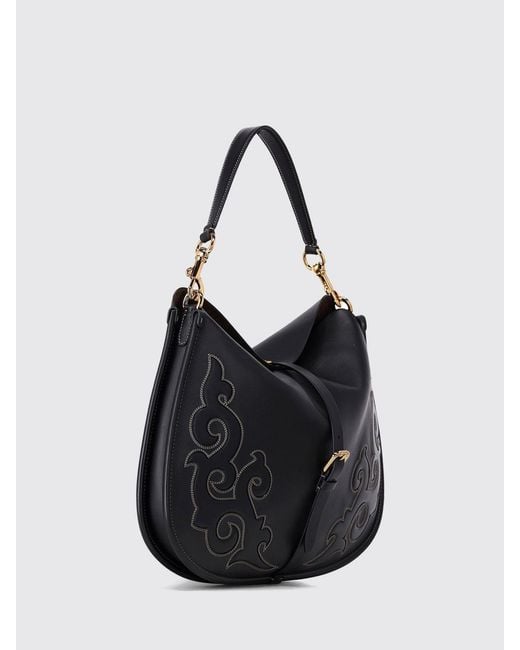 Etro Black Embroidered Calfskin Shoulder Bag With Buckle Closure