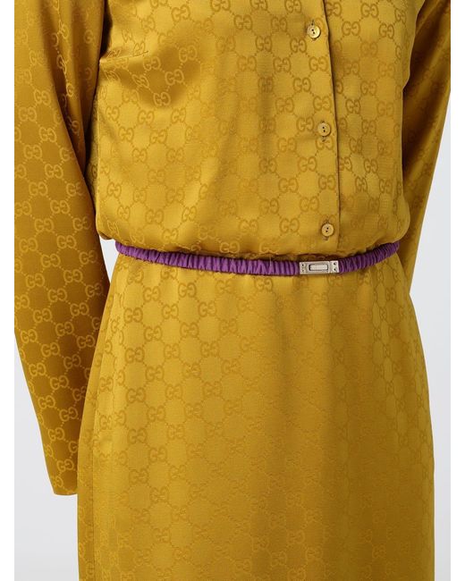 Gucci Yellow Gg Motif Silk Blend Midi Shirtdress