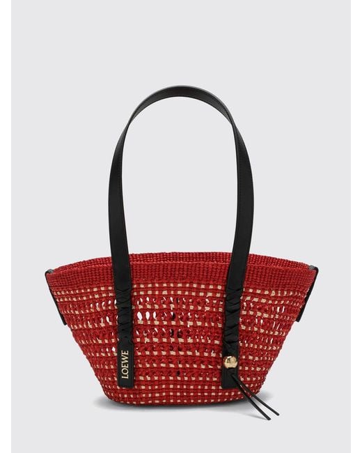 Loewe Red Small Crochet Raffia Shoulder Bag With Leather Handles
