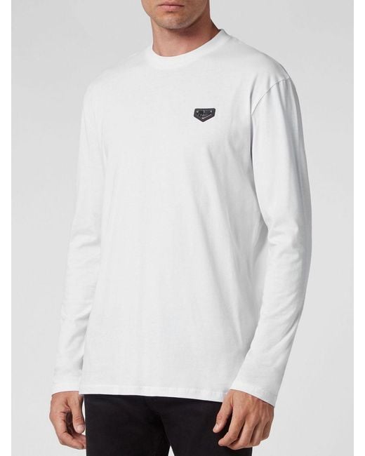 Philipp Plein White Long-Sleeved Cotton T-Shirt With Applied Logo Patch for men