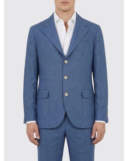 Brunello Cucinelli Blue Single-Breasted Linen Blazer for men