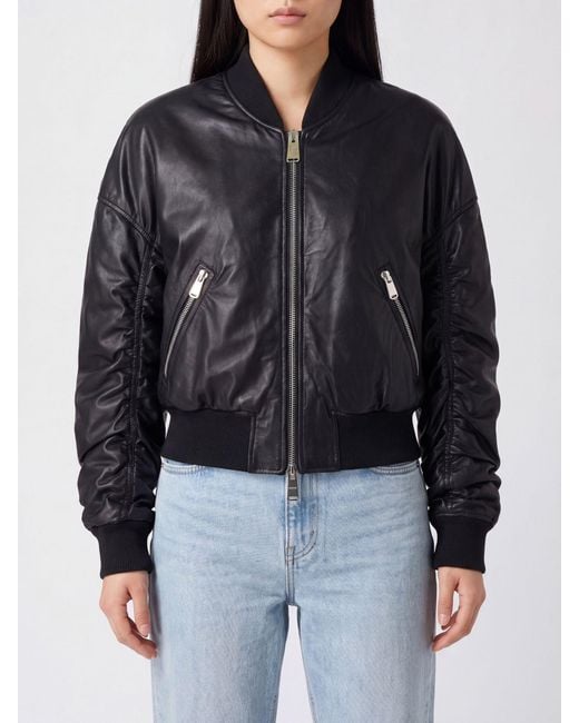 Dondup Black Cropped Synthetic Leather Bomber Jacket With Metal Zip Closure