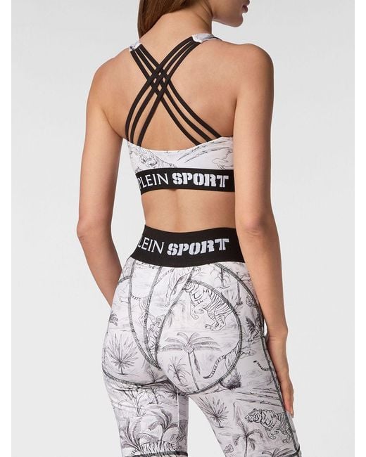 Philipp Plein White Cropped Tropical Print Jersey Sports Top With Criss-Cross Straps