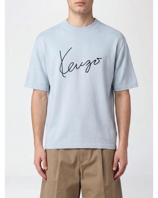 KENZO Blue Dropped Shoulder Pure Wool Logo T-Shirt for men