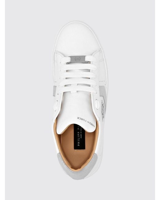 Philipp Plein White Leather Low-Top Trainers With Monogram Pattern And Hexagon Logo