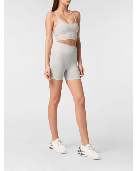 Philipp Plein White Cropped Sports Bralette Top With Criss-Cross Straps