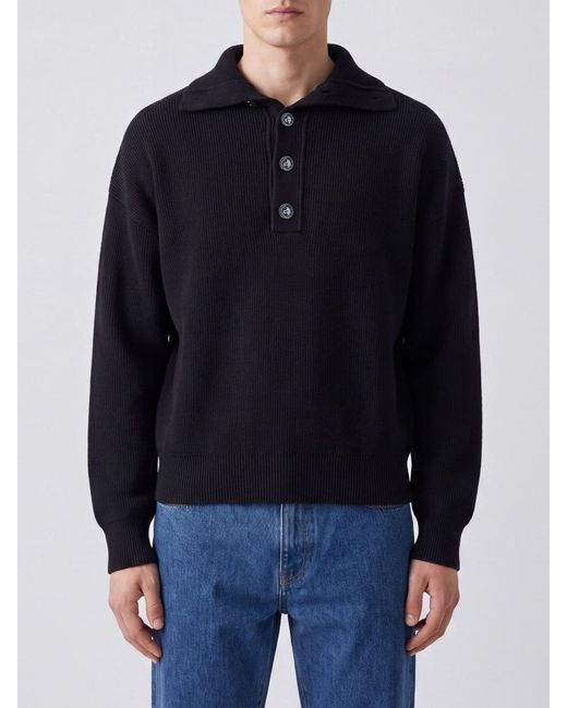 AMI Blue High Neck Wool Jumper With 4-Button Placket for men