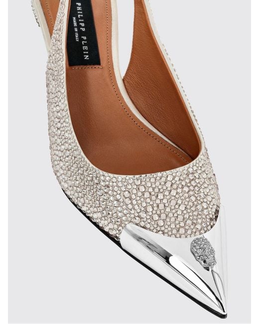 Philipp Plein White Leather Slingback Pumps With Crystal Skull And Mid Heel