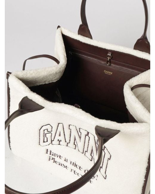 Ganni Natural Shearling And Recycled Leather Tote Bag With Embroidered Logo