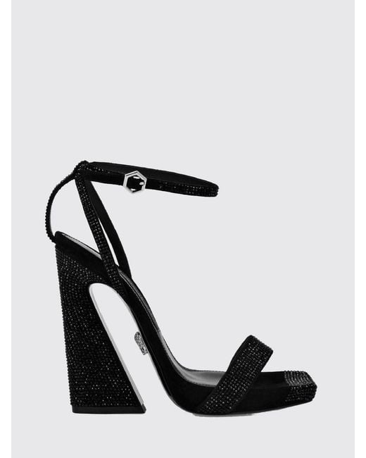 Philipp Plein Black High-Heeled Suede Sandals With Ankle Strap And Rhinestones