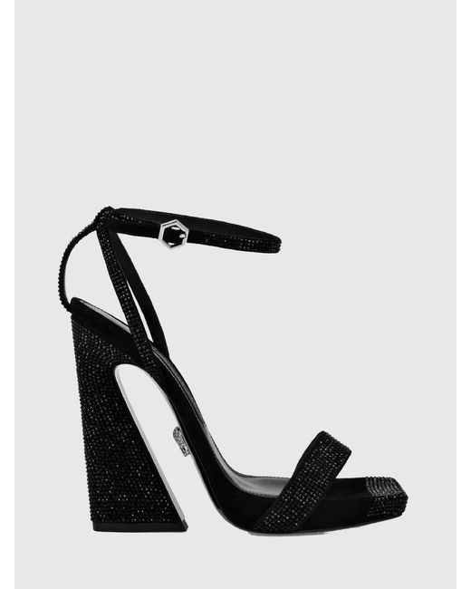 Philipp Plein Black High-Heeled Suede Sandals With Ankle Strap And Rhinestones