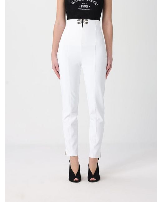 Elisabetta Franchi White Double Stretch Crepe Trousers With Logo