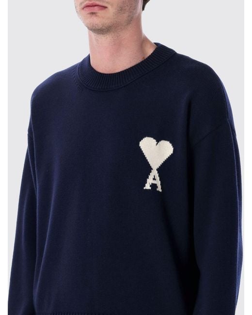 AMI Blue Wool And Cotton Knit Sweater With Logo for men