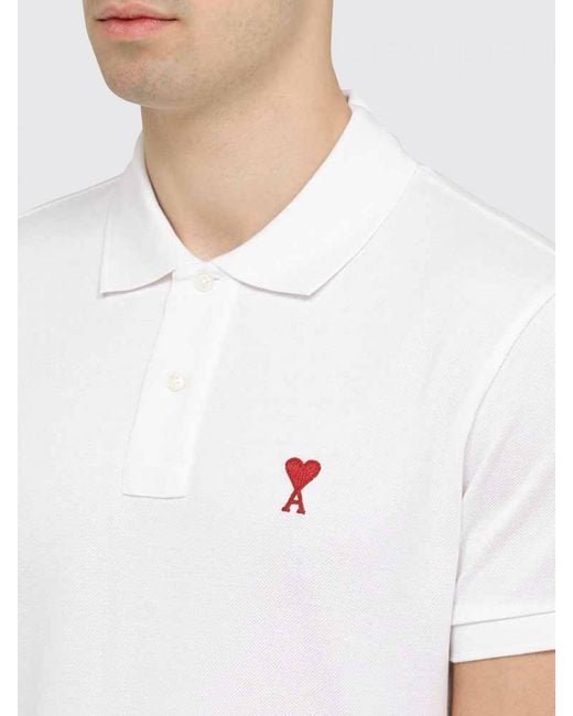 AMI White Slim Fit Embroidered Logo Polo Shirt for men
