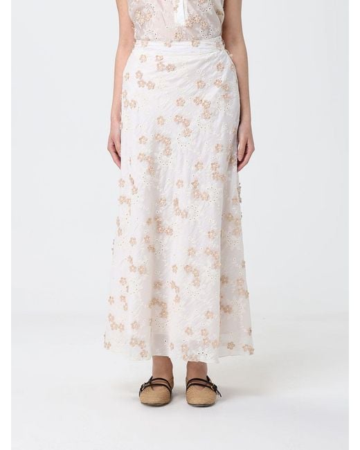Hanita White Viscose Blend Long Skirt With Floral Embroidery