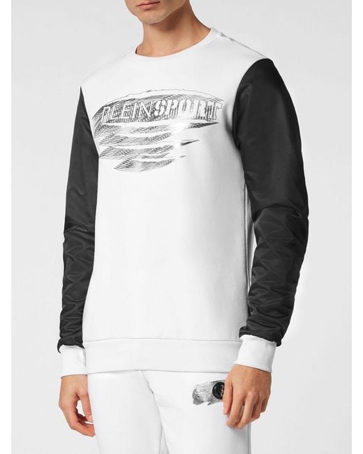 Philipp Plein White Slim Fit Bicolour Abstract Print Cotton Crewneck Sweatshirt for men