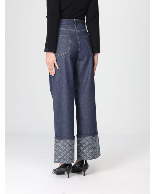 Tory Burch Blue Wide Leg Denim Jeans With Cuff