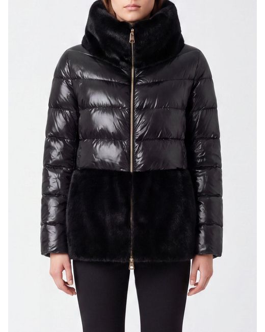 Herno Black Short Ultralight Nylon Down Jacket With Faux Fur Details