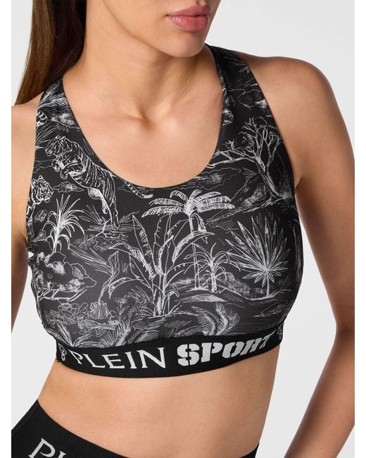 Philipp Plein Gray Cropped Tropical Print Jersey Sports Top With Criss-Cross Straps