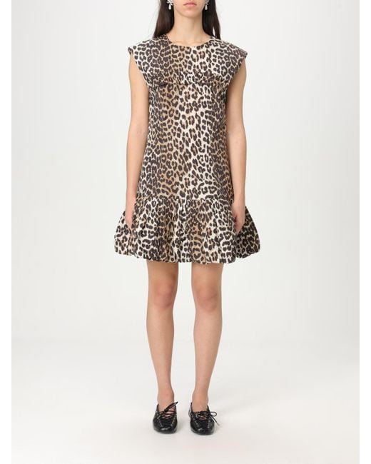 Ganni Natural Mini Dress Ruffle Hem Leopard Print