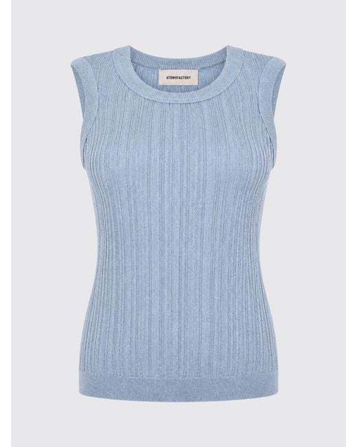 Atomo Factory Blue Viscose Blend Off-Shoulder Crew Neck Top With Slim Fit