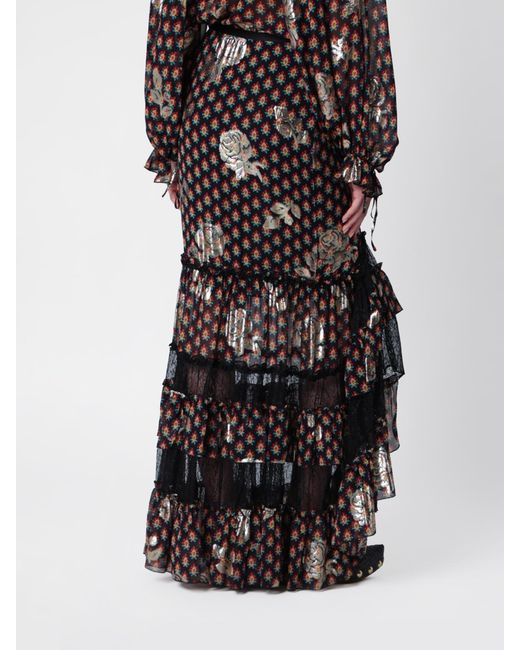 Etro Multicolor Floral Jacquard Asymmetric Long Silk Skirt With Lace Inserts