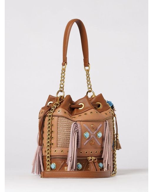 La Carrie Natural Jungle Faux Leather Bucket Bag With Fringes And Stones