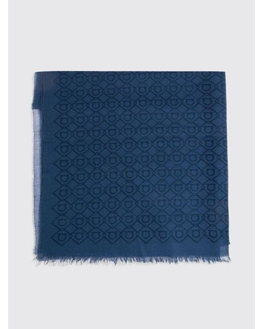 Ferragamo Blue Cotton Scarf With Gancini Logo And Fringed Hem for men